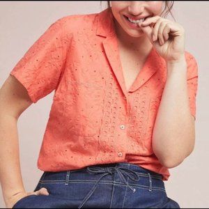 Maeve coral eyelet guayabera button down top sz 8